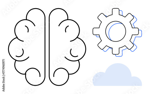 Brain outline paired with a gear and cloud evokes themes of creativity, innovation, technology, and problem-solving. Ideal for AI, automation, collaboration, education, cloud computing futuristic