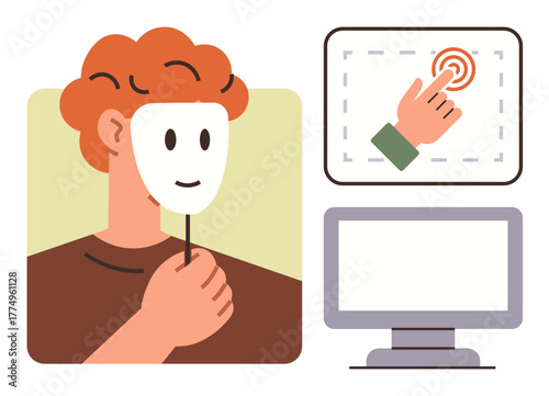 Person holding mask symbolizing anonymity, screen with hand tapping representing digital interaction, blank monitor. Ideal for online privacy, identity, social media, technology, deception