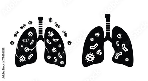 Illustration of human lungs depicting a healthy and infected state