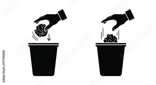 Hands disposing of crumpled paper into waste bins recycling concept