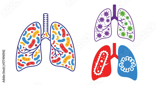 Illustration of healthy and infected lungs with visible microorganisms inside