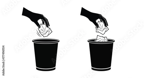 Hands discarding crumpled paper into black waste bins simple monochrome illustration