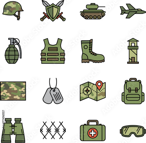 Outline Detailed Military Equipment Icons Set of 16, Army Force Elements