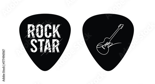 Two black guitar picks with rock star and guitar designs displayed