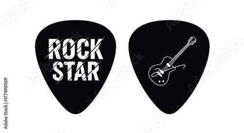 Two black guitar picks with rock star and guitar designs shown