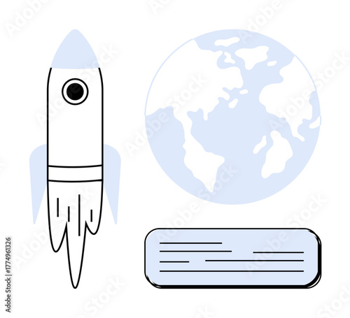 Rocket blasting off beside Earth globe and text box representing innovation, exploration, progress. Ideal for science, technology, education, global communication, startup, success space travel