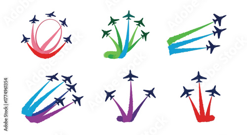 Stylized illustration depicting formations of jet aircraft in colorful flight paths