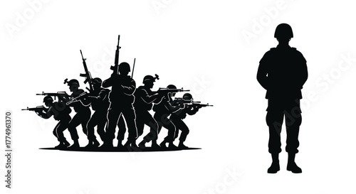 Silhouette of soldiers standing with rifles facing forward one soldier alone