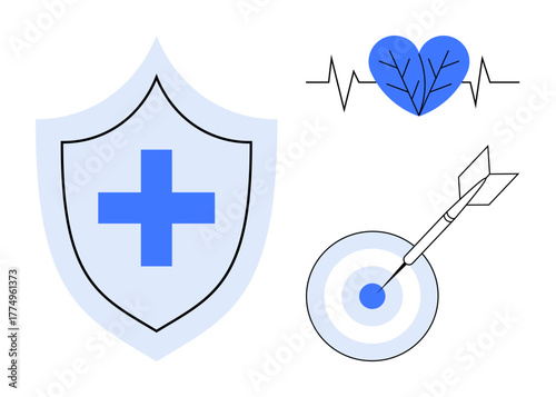 Health shield icon with medical cross, heartbeat line connected to a leaf heart, and a dart hitting a bullseye. Ideal for healthcare, protection, wellness, fitness, vitality, goal-setting