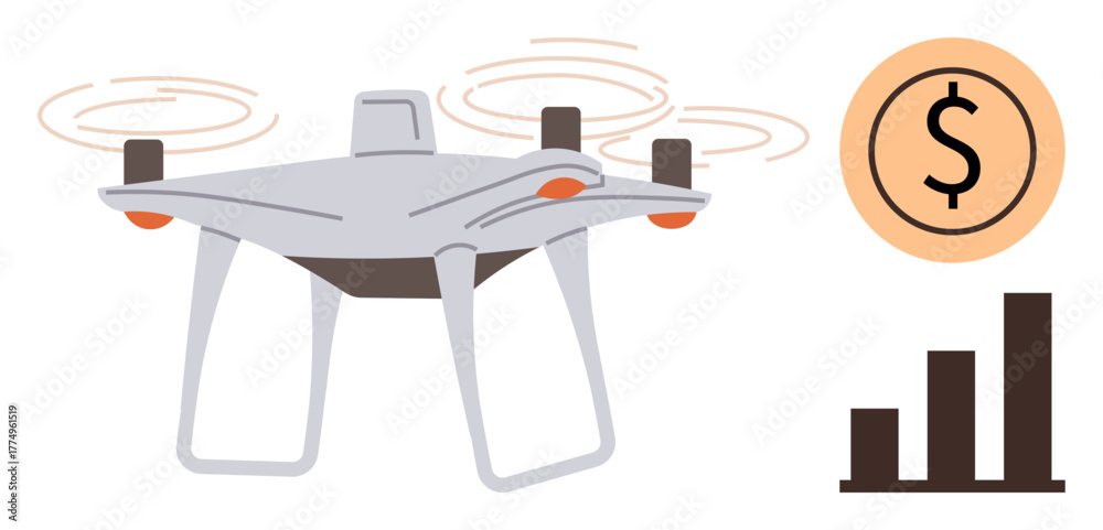 Fototapeta premium quadcopter with propellers in motion, dollar sign in coin, and bar graph. Ideal for technology, finance, business innovation, automation, data analysis investment futuristic design. Simple flat