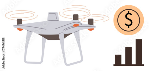 quadcopter with propellers in motion, dollar sign in coin, and bar graph. Ideal for technology, finance, business innovation, automation, data analysis investment futuristic design. Simple flat