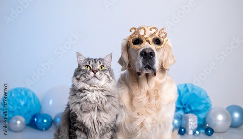 Cute Dog Wearing 2026 Glasses with Cat in Festive New Year’s Eve Setting