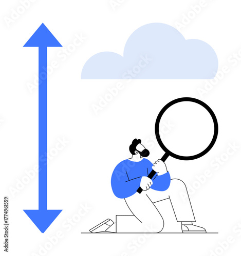 Person kneeling, holding magnifying glass, studying growth against arrow and cloud. Ideal for exploration, growth, analysis, research, progress measurement curiosity. Simple flat metaphor