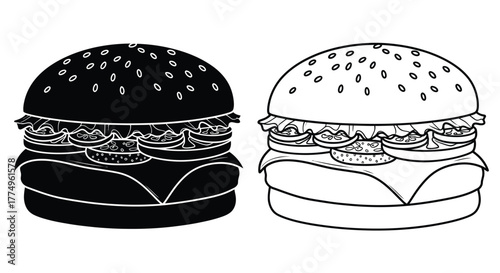 Two detailed black and white illustrations of classic cheeseburgers side by side
