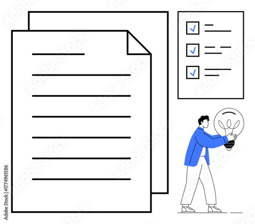 Large documents, checklist with checkmarks, person holding lightbulb symbolizing ideas, organization, and productivity. Ideal for innovation, planning, strategy, education creativity business