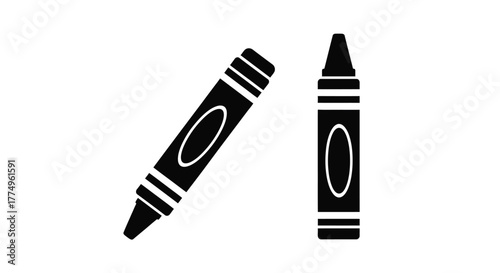 Simple black and white illustration of a crayon and a marker