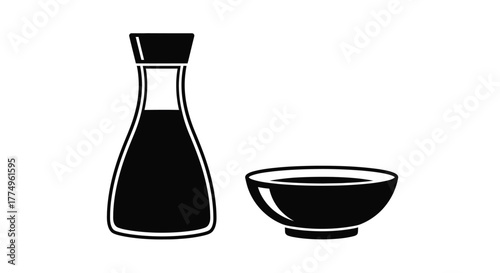 Simple black and white illustration of a soy sauce bottle and dish