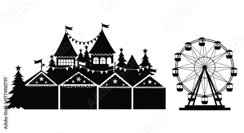 A detailed black silhouette of a castle and ferris wheel scene