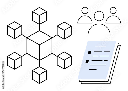 Clustered interconnected cubes, group of abstract people icons, and stacked documents symbolize blockchain, teamwork, decentralization, innovation, technology, digital security, and knowledge