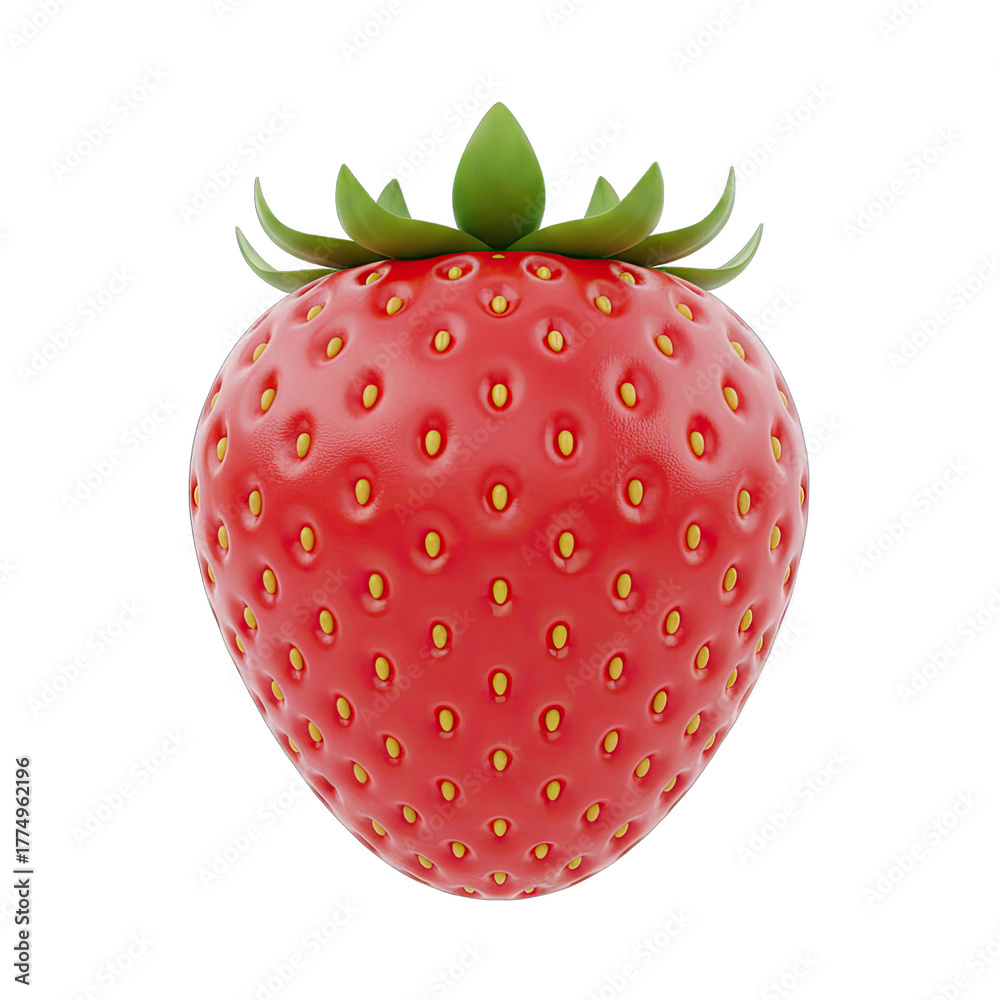 Obraz premium A Close Up Studio Shot of a Single Ripe Red Strawberry with Green Leaves and a Transparent Background