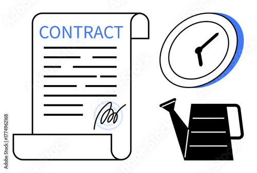 Agreement scroll with signature, clock, and watering can. Ideal for legal matters, deadlines, time management, growth, productivity success and business strategy. Simple flat metaphor