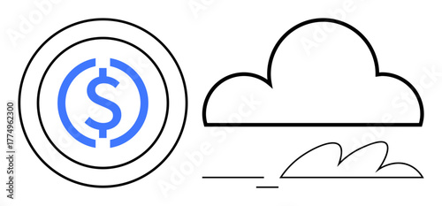 Coin with dollar sign next to a cloud connected to a wave. Ideal for finance, technology, cloud computing, investments, digital economy, cryptocurrency, money flow. Simple flat metaphor