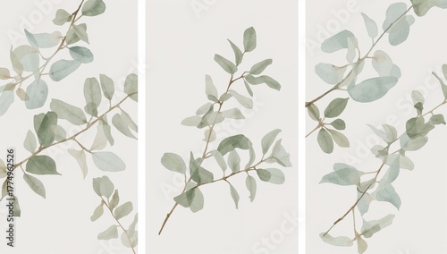 Elegant minimalist botanical composition of eucalyptus branches in cool sage green watercolor, arranged spaciously with faint pencil outlines and natural paper texture.
