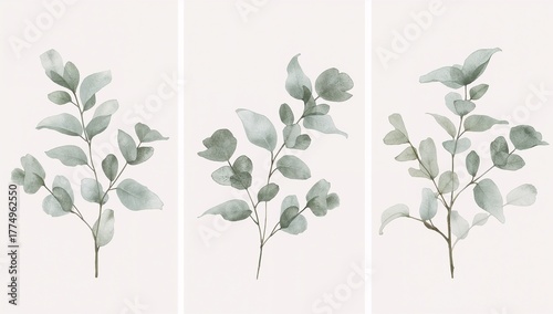 Elegant minimalist botanical composition of eucalyptus branches in cool sage green watercolor, arranged spaciously with faint pencil outlines and natural paper texture.