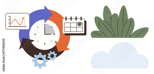Clock and arrows represent workflow cycles, calendar symbolizes scheduling. Gears indicate processes, with nature elements suggesting sustainability. Ideal for time management, planning, efficiency