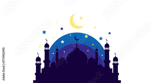 Serene mosque silhouette under a celestial moon and stars, perfect for Ramadan, Eid, and Islamic cultural events, digital artwork and festive celebrations.