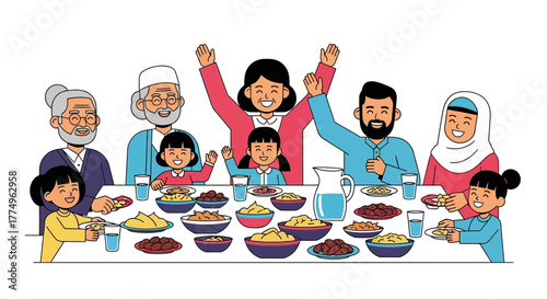 Heartwarming Muslim Family Gathering for Festive Meal, Celebrating Togetherness and Tradition, Illustrating Cultural Values and Intergenerational Bonds