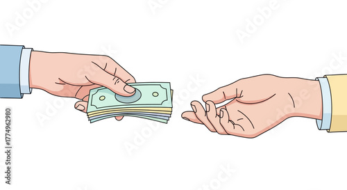 Financial transaction illustration depicting money exchange between two hands for use in business, finance, or economic concept visuals