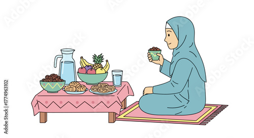 Illustration of Muslim Woman Breaking Fast with Dates, Fruits, and Water, Representing Ramadan Iftar and Cultural Traditions in a Minimalist Style