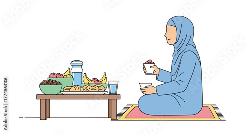 Ramadan Iftar Celebration with a Woman in Hijab Enjoying Traditional Meal, Ideal for illustrating religious traditions, cultural celebrations, and family gatherings.