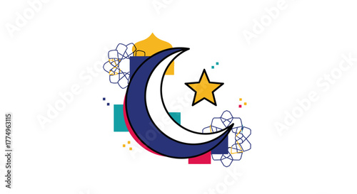 Elegant Crescent Moon and Star Illustration for Islamic Celebrations and Religious Festivities, perfect for greeting cards, banners, and cultural event promotions.