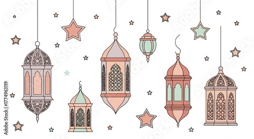Elegant Islamic Lanterns and Star Decorations for Ramadan, Eid Celebrations, and Cultural Events. Ideal for vector design, greeting cards, and festive backgrounds.