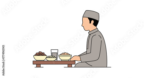 Ramadan Iftar Illustration Depicting a Muslim Man Preparing to Break His Fast with Dates and Water, Suitable for Islamic Cultural Content