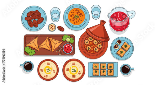 Festive Ramadan Iftar Table with Traditional Dishes, Beverages, and Sweets showcasing cultural celebration, family gatherings, and culinary traditions for graphic design projects.