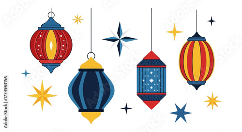 Festive Ramadan Lanterns and Sparkling Stars on White Background, Ideal for Ramadan Greetings, Islamic Holiday Celebrations, and Cultural Event Promotions