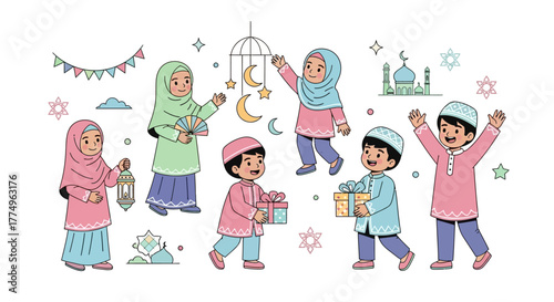 Cheerful Muslim Children Celebrating Eid Al-Fitr with Gifts and Decorations, Perfect for Illustrating Islamic Culture and Religious Festivities