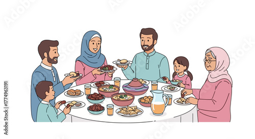 Illustration of a Muslim family sharing a meal during Ramadan, celebrating Iftar, and fostering familial bonds and cultural traditions in a heartwarming setting.