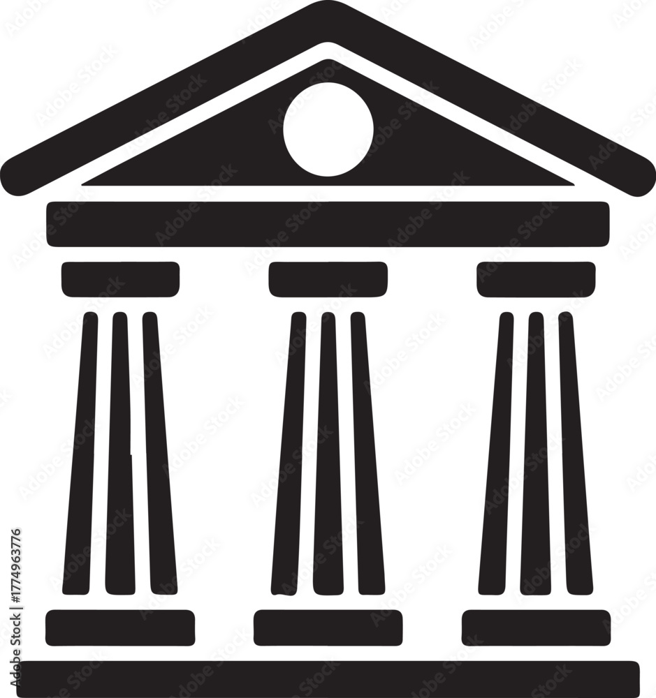Fototapeta premium Black and white graphic of a classical building with three columns and a triangular pediment
