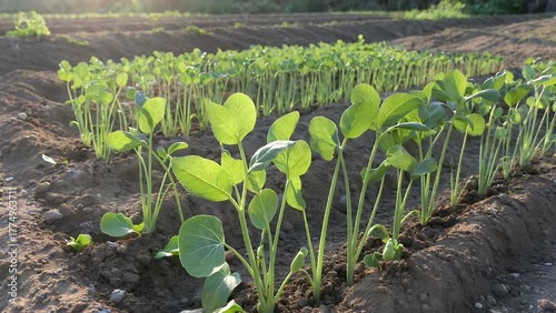 Agricultural Field with Rows of Young Green Pea Plant Sprouts Growing Under the Sun's