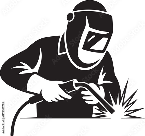 Black and white illustration of a welder wearing a protective mask and gloves sparks flying from welding torch