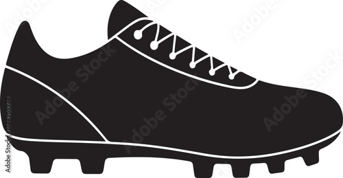 Black silhouette of a soccer cleat with white laces and sole details on a white background