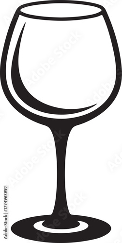 Black silhouette of a wine glass with a wide bowl and circular base on a white background