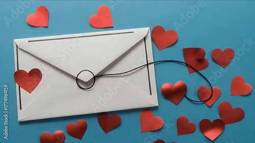 Top-Down Composition for Valentine's Day Featuring an Envelope and Crimson Hearts Arranged on a Cerulean