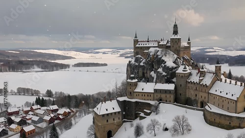 Season Snowy Landscape View of a Historic Fortress Located on a Hill in a Mountainous