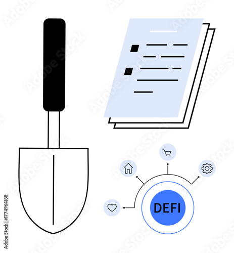 Shovel symbolizing effort, documents representing contracts, and a DeFi diagram for finance workflow. Ideal for blockchain, crypto, smart contracts, agriculture, technology, decentralized systems