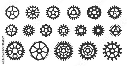 Gears varied sizes icon set. Cogwheel black silhouette. Toothed wheel on white background. Mechanical parts spinning sprockets form. Interlocked metal teeth join. Cogs with different gear hub pattern